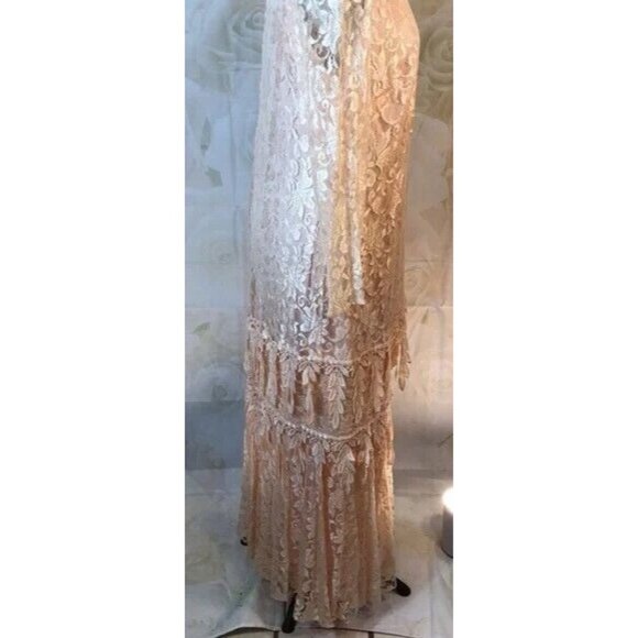 Jill Robbins Formal Maxi Dress Peach Lace Overlay Tiered Long Sleeve Medium - Picture 3 of 8